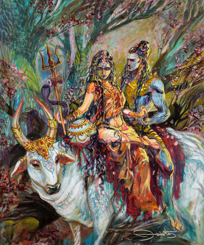 Parvati Pataye with Shiva color painting by Abhishek Singh हिरण्यवर्णां हरिणीं सुवर्णरजतस्रजाम् । चन्द्रां हिरण्मयीं लक्ष्मीं जातवेदो म आवह